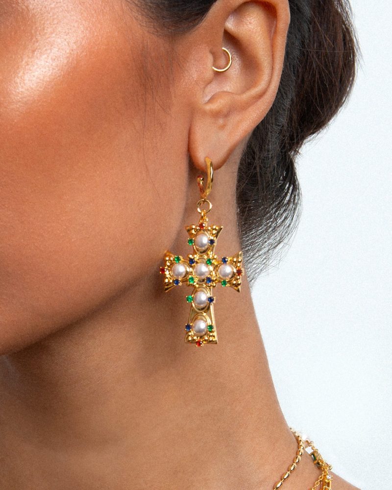 Lover of Helius Pearl Cross Earrings | 18k Gold Plated Statement Earrings