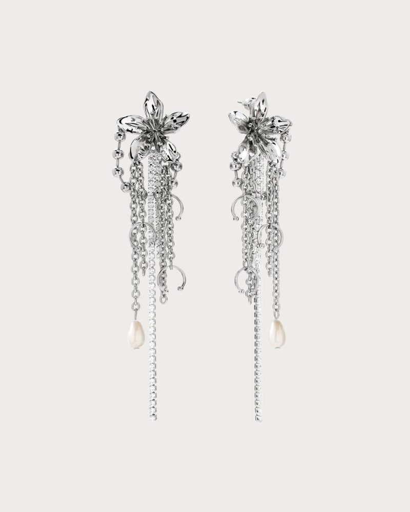 Flora Statement Earrings - Palladium Plated with CZ Stones and Pearl | Long Botanical Design