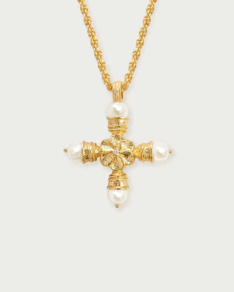 Elegant Pearl Cross Necklace with Daisy Motif | Gold Plated - 图片 4