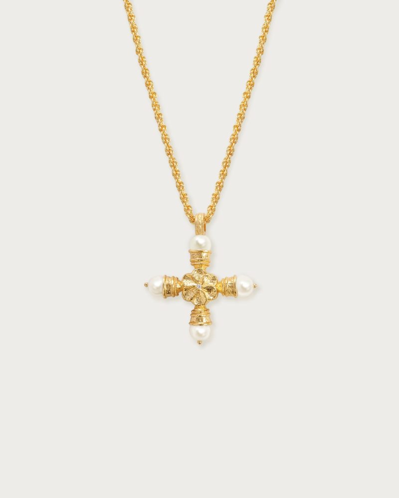 Elegant Pearl Cross Necklace with Daisy Motif | Gold Plated