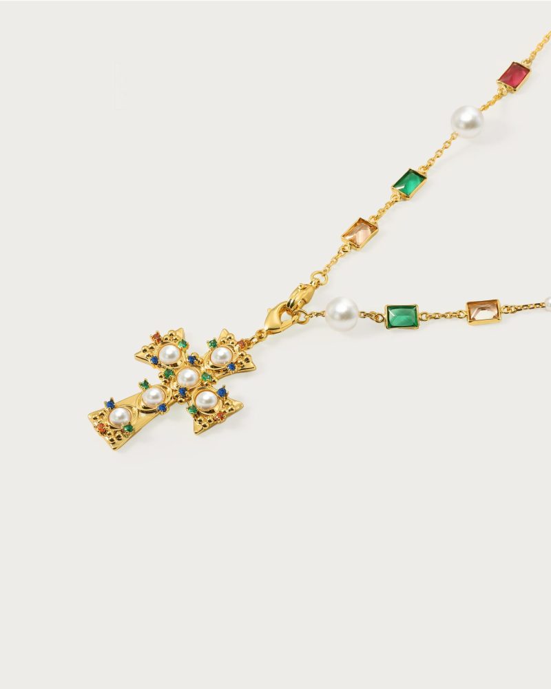 Lover of Helius Pearl Cross Necklace | 18k Gold Plated Statement Necklace - 图片 5