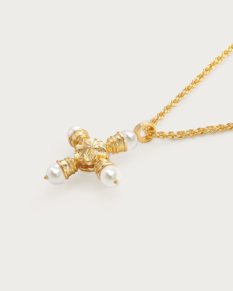 Elegant Pearl Cross Necklace with Daisy Motif | Gold Plated - 图片 3