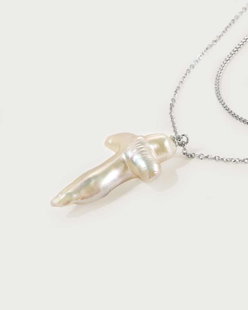 Elegant Layered Necklace with Natural Baroque Pearls - Rhodium Plated - 图片 5