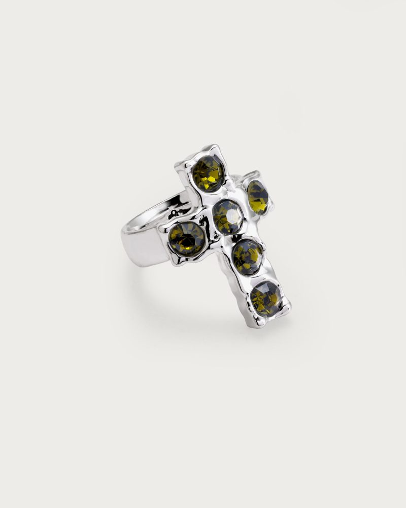 Rebel Cross Statement Ring - Silver/Gold Plated with Glass Accents - 图片 3
