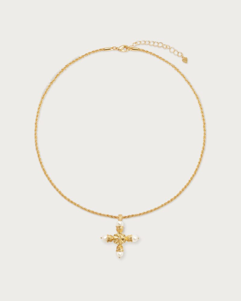 Elegant Pearl Cross Necklace with Daisy Motif | Gold Plated - 图片 5
