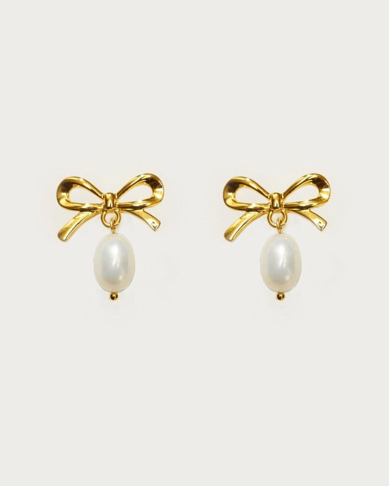 Gold Ribbon Pearl Earrings | Elegant Stud Earrings with Freshwater Pearls - 图片 3