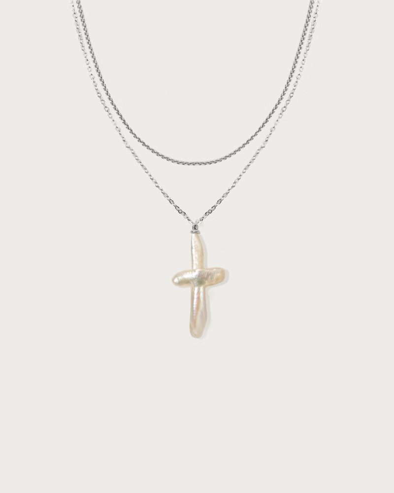 Elegant Layered Necklace with Natural Baroque Pearls - Rhodium Plated