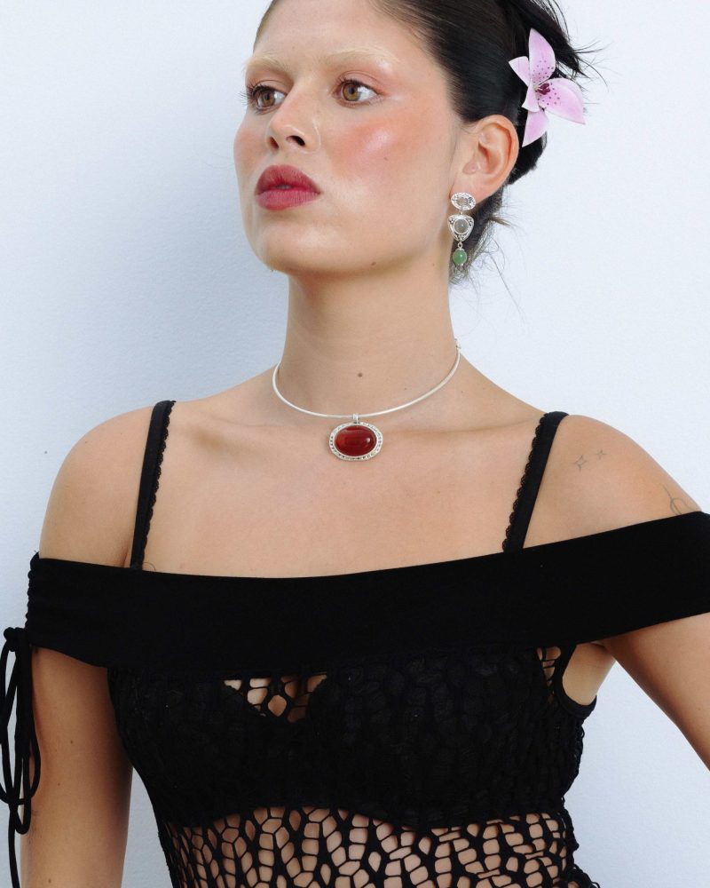 Venus Silver Collar Necklace with Natural Red Carnelian Stone - 图片 2