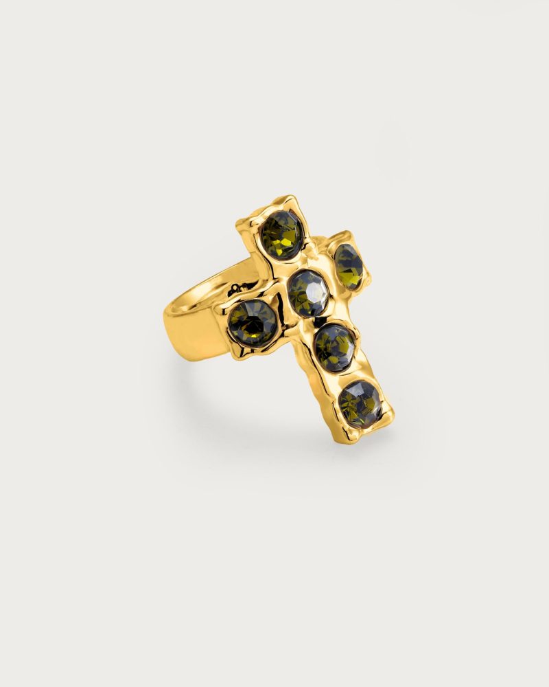 Rebel Cross Statement Ring - Gold/Silver Plated with Glass Accents - 图片 3