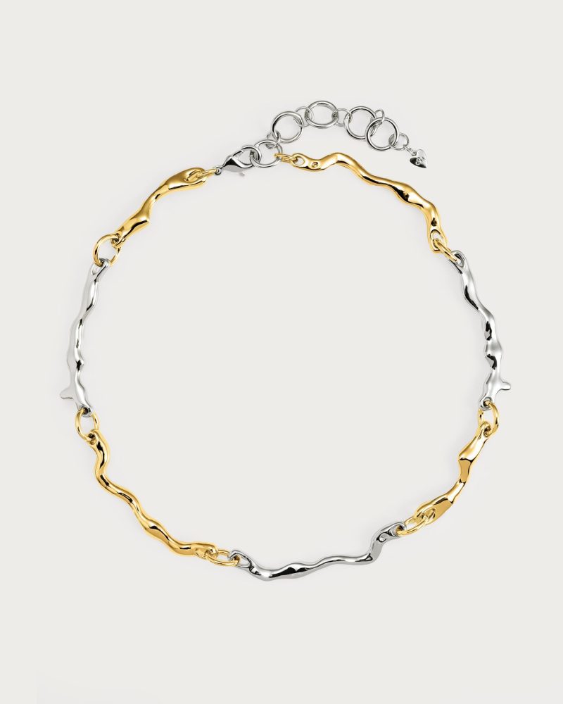 Mixed Metal Molten Statement Necklace - Gold & Silver Edgy Design