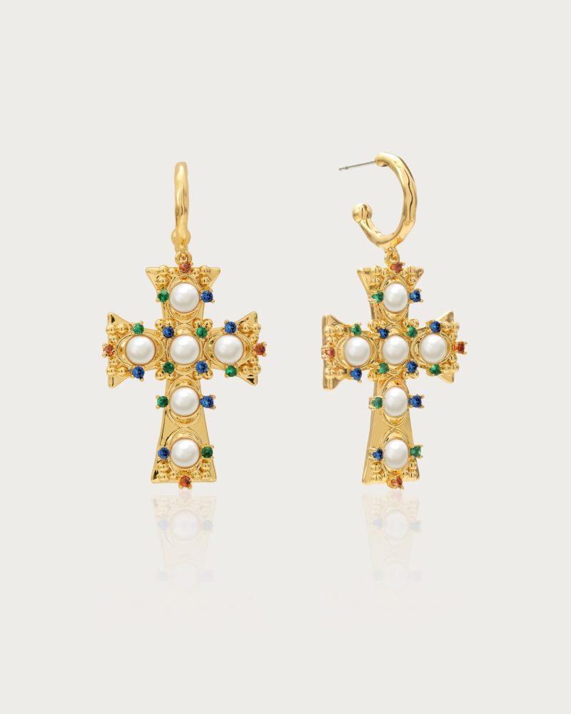 Lover of Helius Pearl Cross Earrings | 18k Gold Plated Statement Earrings - 图片 2