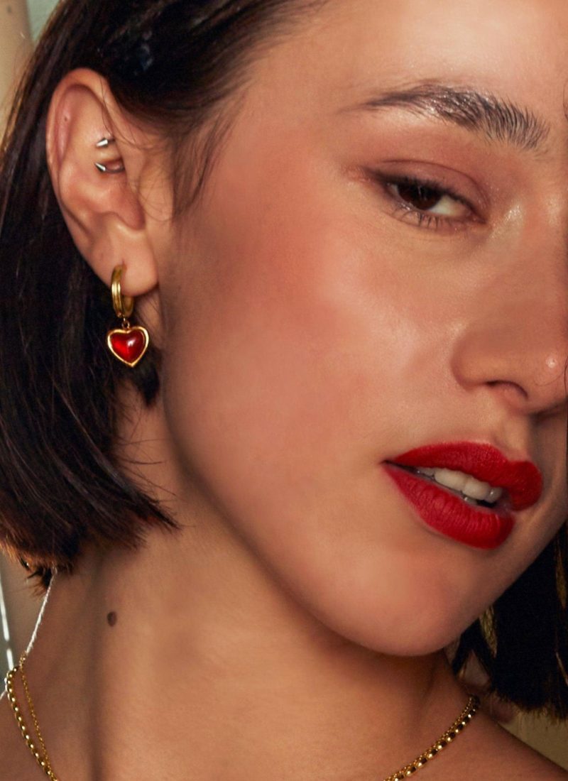 Gold Carnelian Heart Hoop Earrings - 图片 2