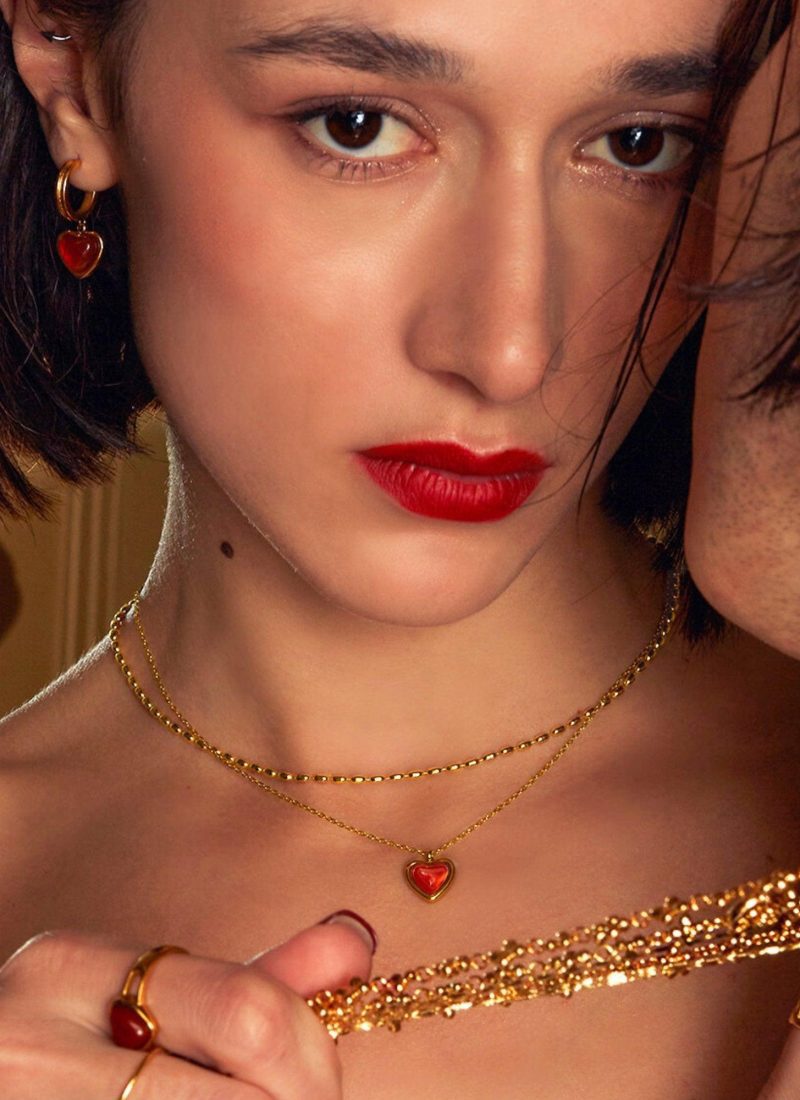 Gold Carnelian Heart Hoop Earrings - 图片 4