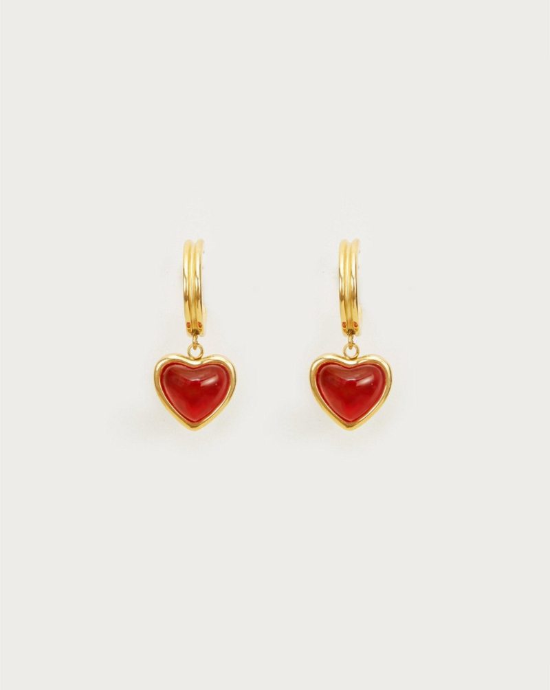 Gold Carnelian Heart Hoop Earrings - 图片 5