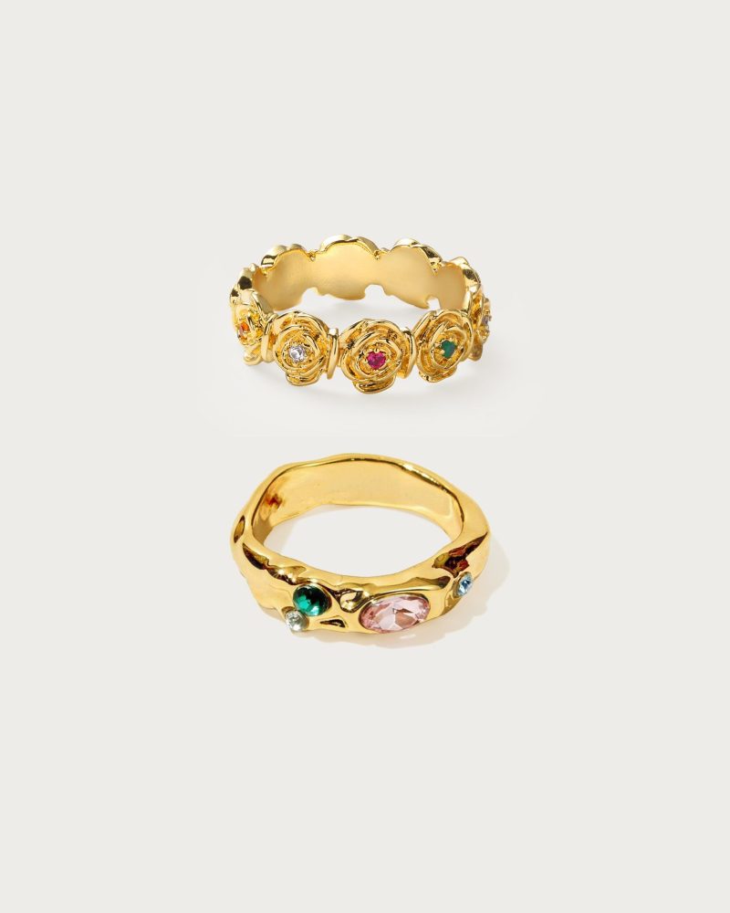 Sunlit Rose Ring Set | 18K Gold Plated Daisy & CZ Stacking Rings