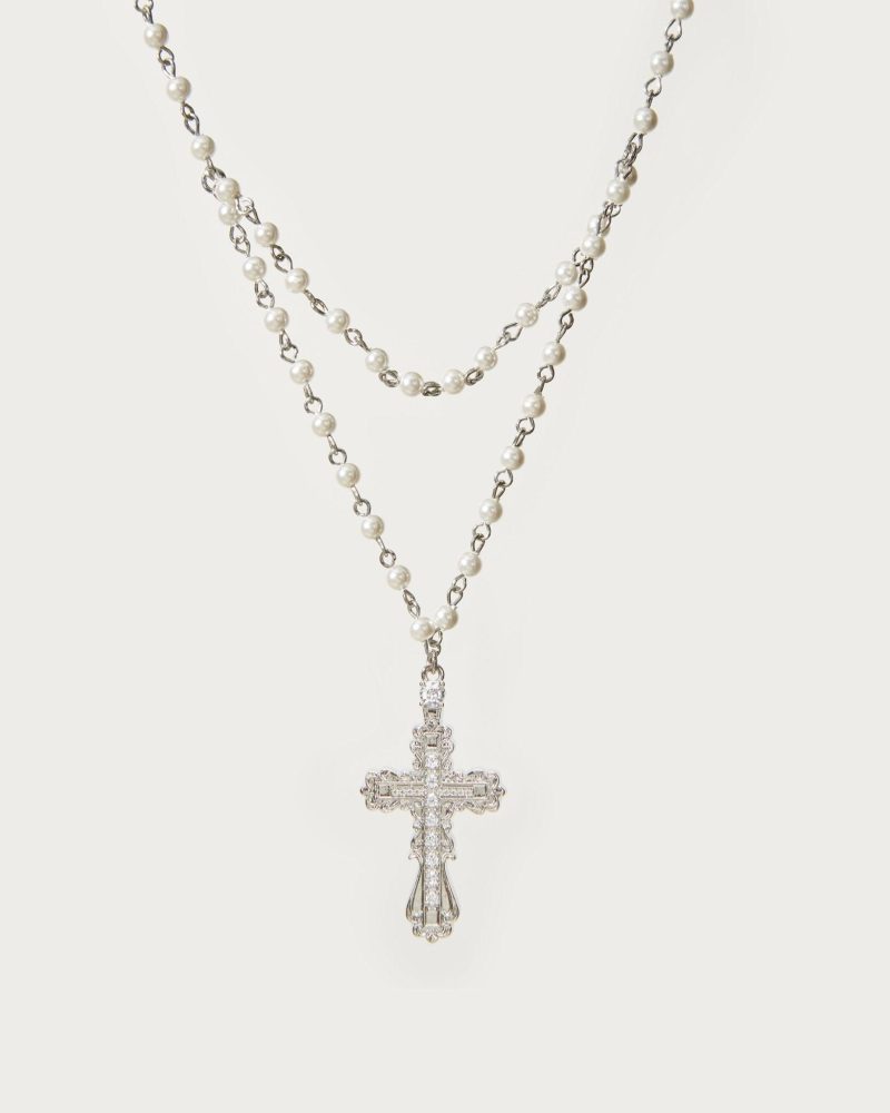 Everette Silver Cross Necklace - Palladium Plated with Pearl Drop | Vintage Italian Inspired Design