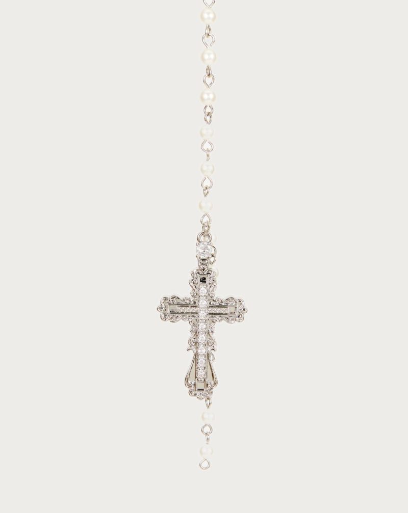 Everette Silver Cross Necklace - Palladium Plated with Pearl Drop | Vintage Italian Inspired Design - 图片 3