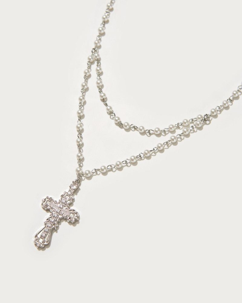 Everette Silver Cross Necklace - Palladium Plated with Pearl Drop | Vintage Italian Inspired Design - 图片 4