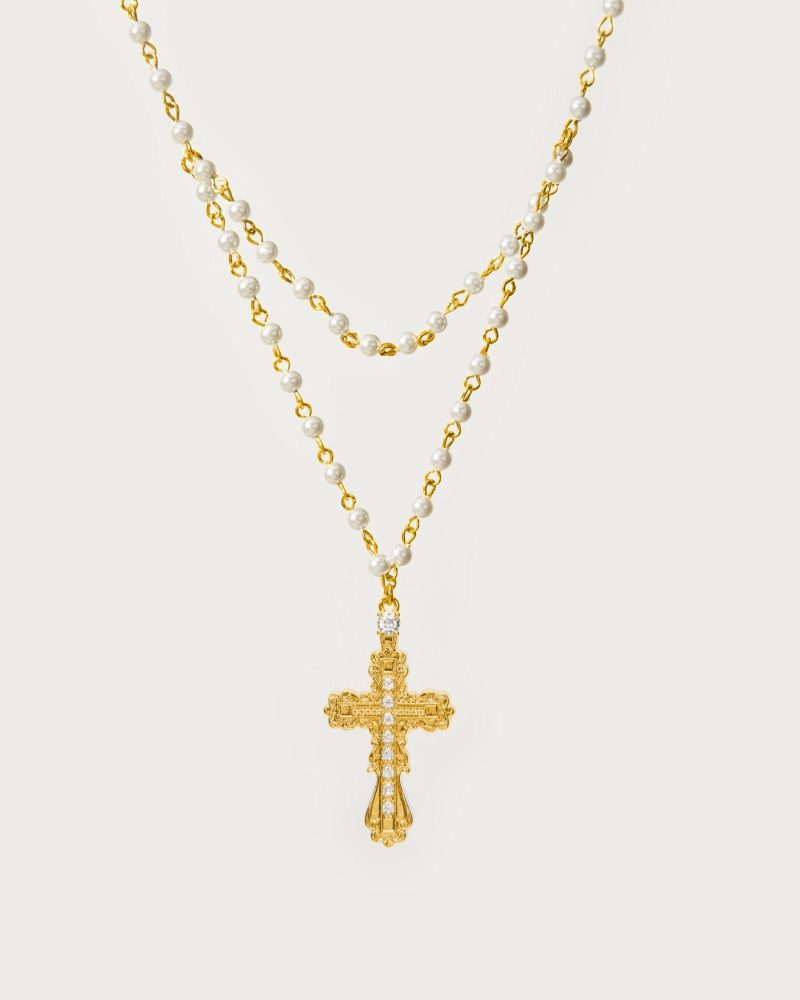Everette Gold Cross Necklace - 18K Gold Plated with Pearl Drop | Vintage Italian Inspired Design