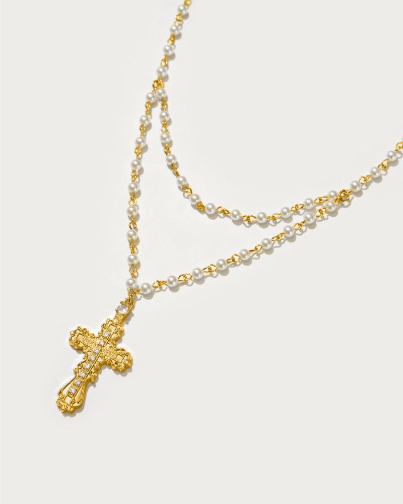 Everette Gold Cross Necklace - 18K Gold Plated with Pearl Drop | Vintage Italian Inspired Design - 图片 3