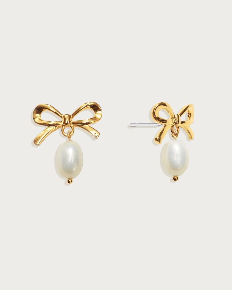 Gold Ribbon Pearl Earrings | Elegant Stud Earrings with Freshwater Pearls