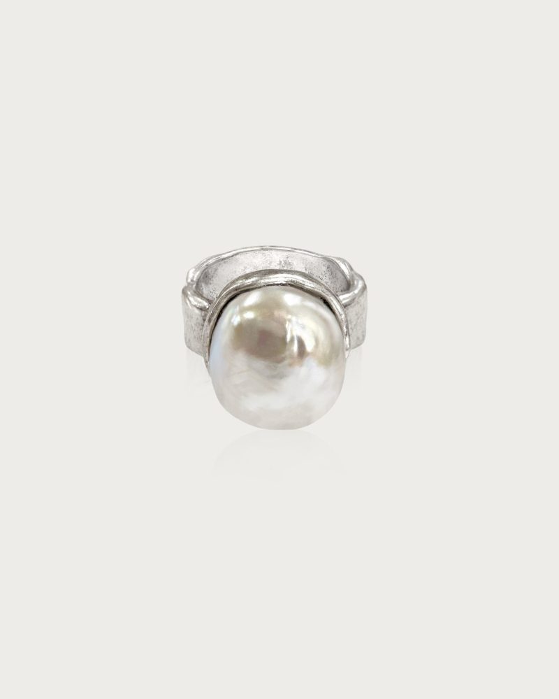 Iris Ring | Silver Plated with Baroque Pearl & Oxidized Finish