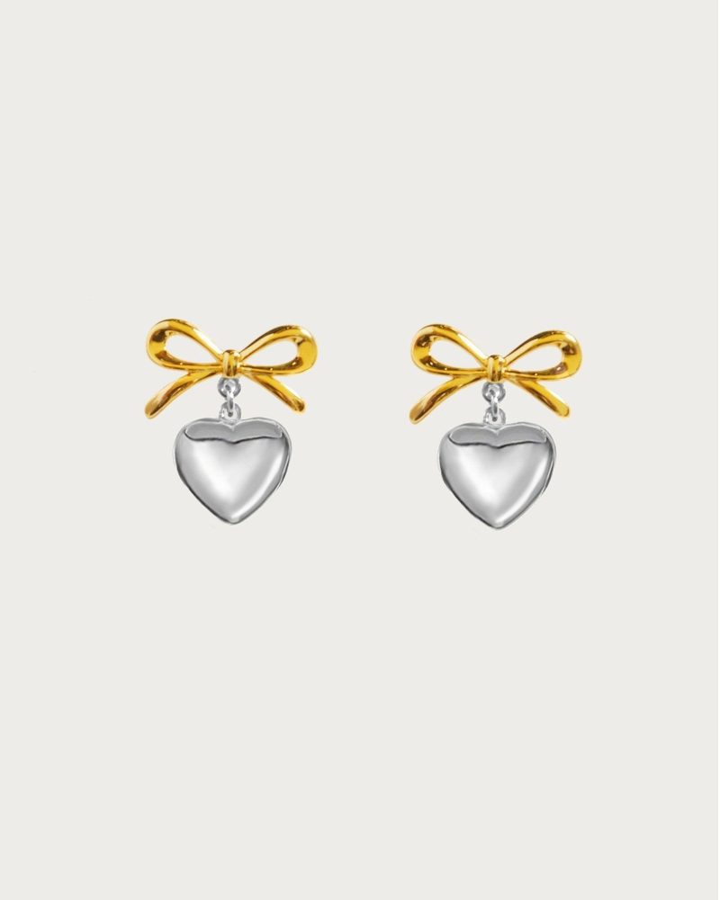Mixed Metal Ribbon Heart Earrings - 图片 3