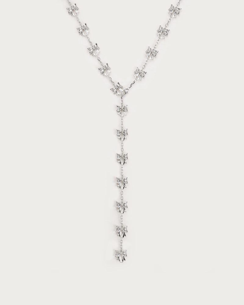 Bow Lariat Long Necklace in Silver
