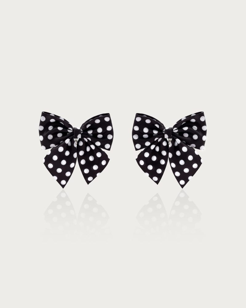 Playful Polka Dot Fabric Bow Drop Earrings - Gold/Rhodium Plated - 图片 3