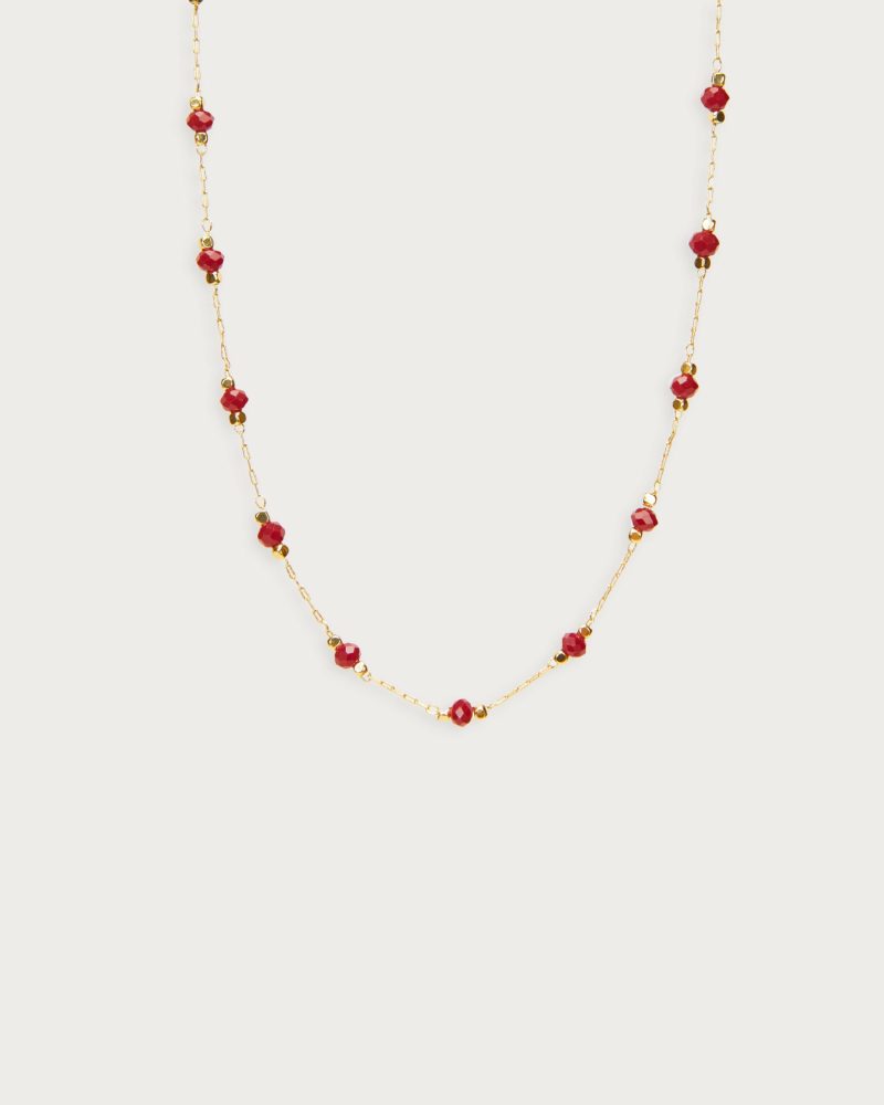 Fiery Red Beaded Choker Necklace - 18k Gold Plated Brass