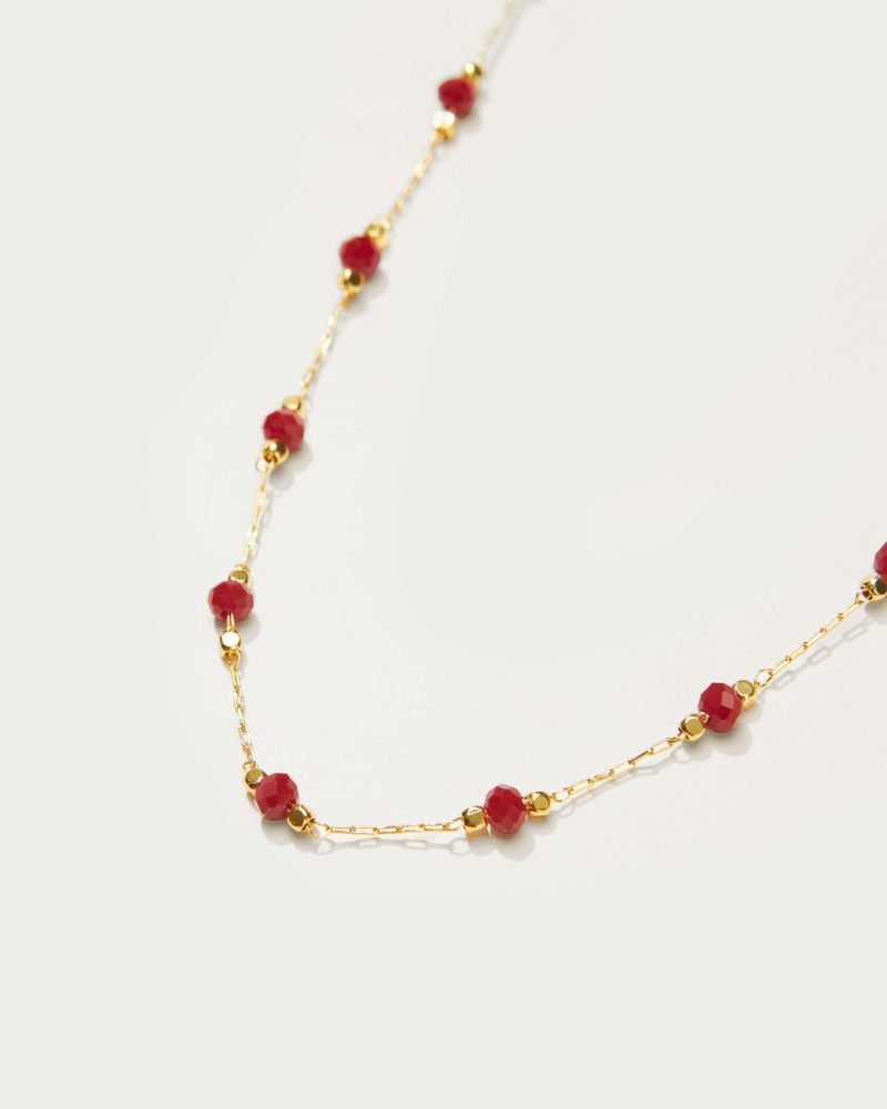 Fiery Red Beaded Choker Necklace - 18k Gold Plated Brass - 图片 4