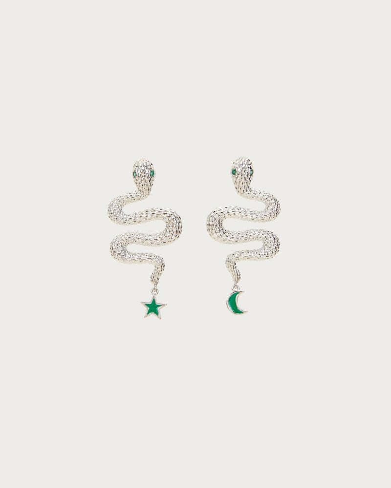 Striking Snake Earrings in Silver with Green Resin